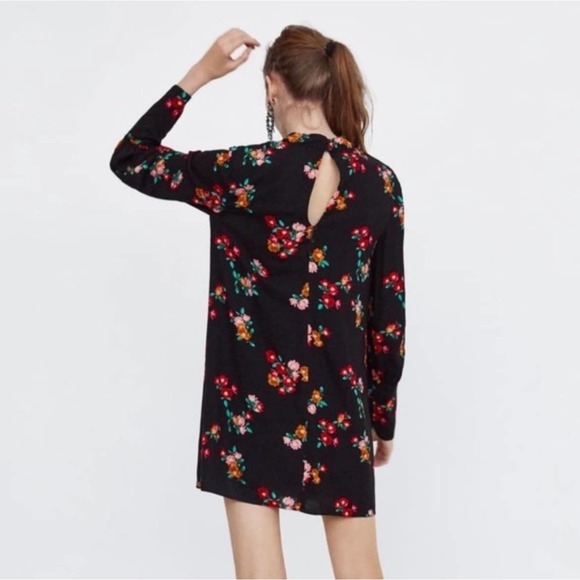 ZARA Womens Black Multicolor Floral Print High Neck Shift Dress Size Small - Picture 5 of 5